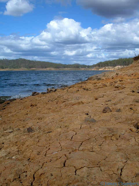 Cracked and dried soil now a few metres above the water line.