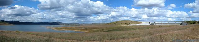 Several photos stitched together showing the new spillway - built for holding in flood waters. Not "used" yet.