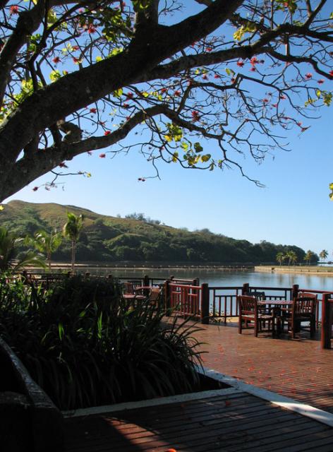 The deck on the beach side of the bar